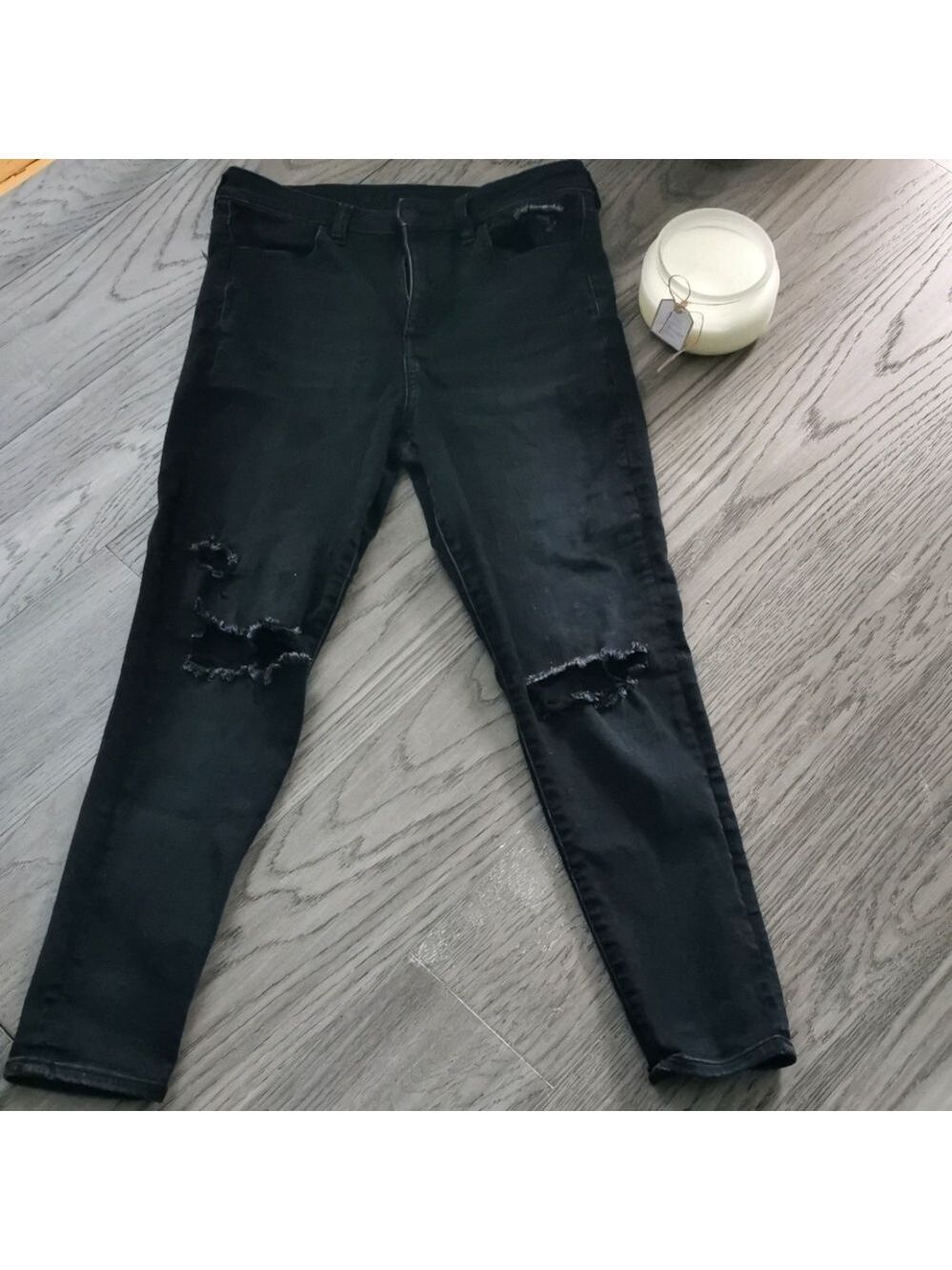 American Eagle Next level stretch black high rise ripped jeans. Size 10 short
